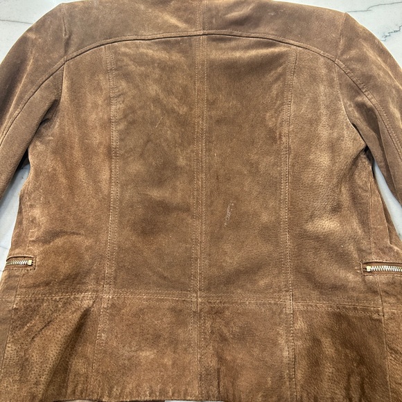 Mango, genuine, leather suede, Moto jacket, gold zippers, tan brown, size medium - Picture 5 of 6